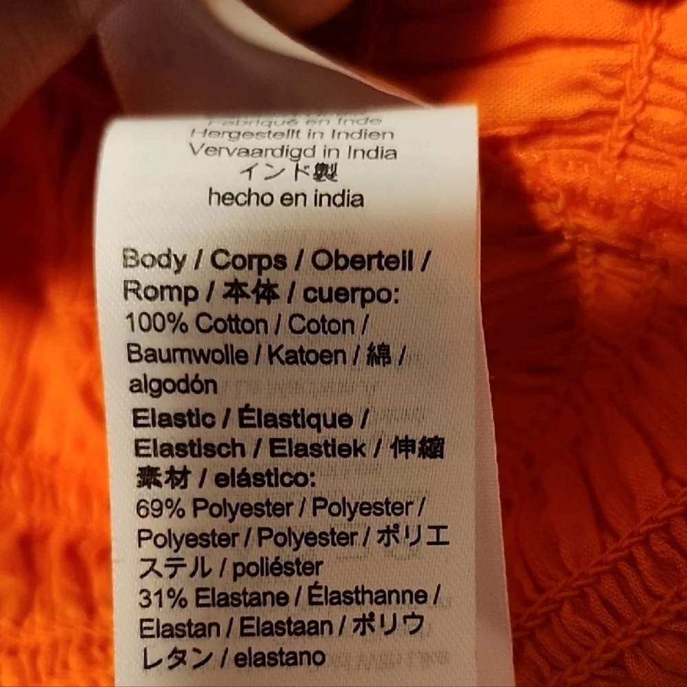 J. Crew Stretchy Bright Orange Smocked Blouse Puff Sleeves Ruffle Crew Collar - Picture 7 of 7